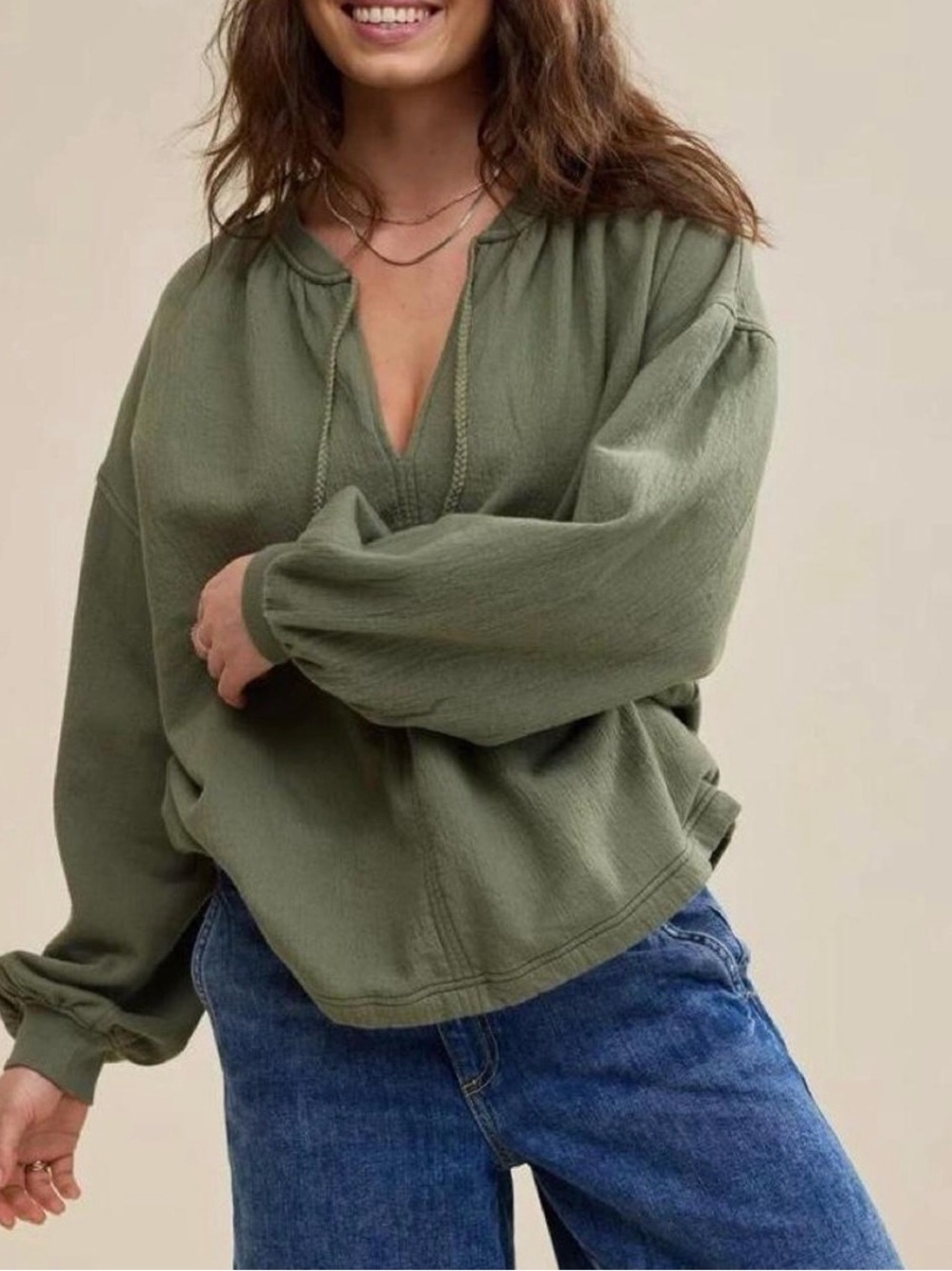Aerie oversized easy street peasant boho sweatshirt olive green size extra large